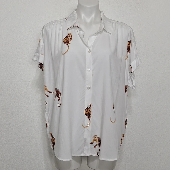 Jane and Delancey *NEW White Button Front Monkey Novelty Artsy Unique Blouse *XL - Picture 1 of 12